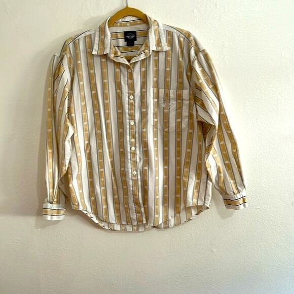 Dockers 100% Cotton Long Sleeve White Camel Navy Stripe Pattern Blouse Size M - Picture 1 of 5